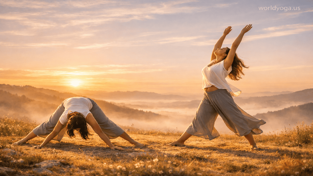 A yoga practitioner performing a gentle wide-legged forward fold transitioning into an upward stretch outdoors during sunrise.