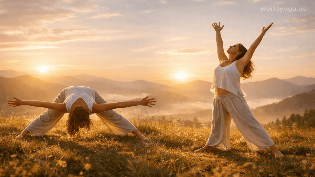 A yoga practitioner performing a wide-legged forward fold and upward stretch outdoors during sunrise.