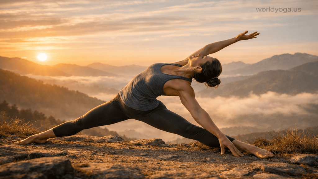 A yoga practitioner performing Legs Wide Straight Spine Twist and Backbend in a wide-legged standing posture with spinal rotation and controlled backbend.