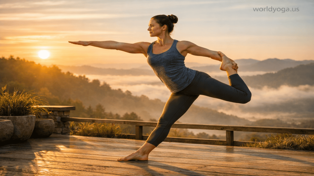 Yoga instructor practicing Book Stand Pose outdoors during sunrise with peaceful natural surroundings.