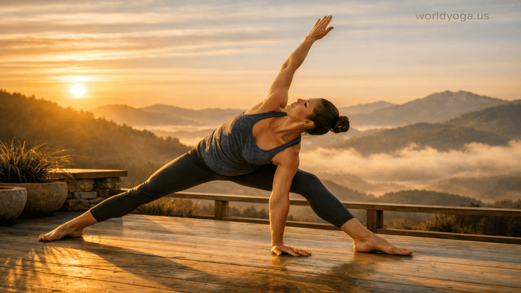 Yoga practitioner performing Parivritta Prasarita Pada Tadasana outdoors at sunrise on a terrace with mountains in the background.
