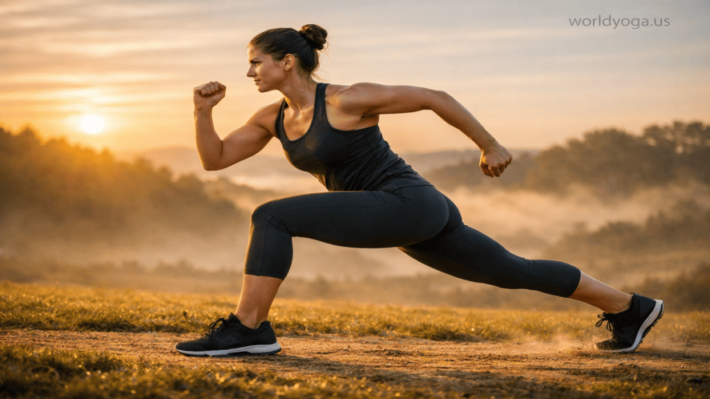 Athlete performing dynamic high lunge with back knee lifted during sunrise outdoor training session with strong balance and form.