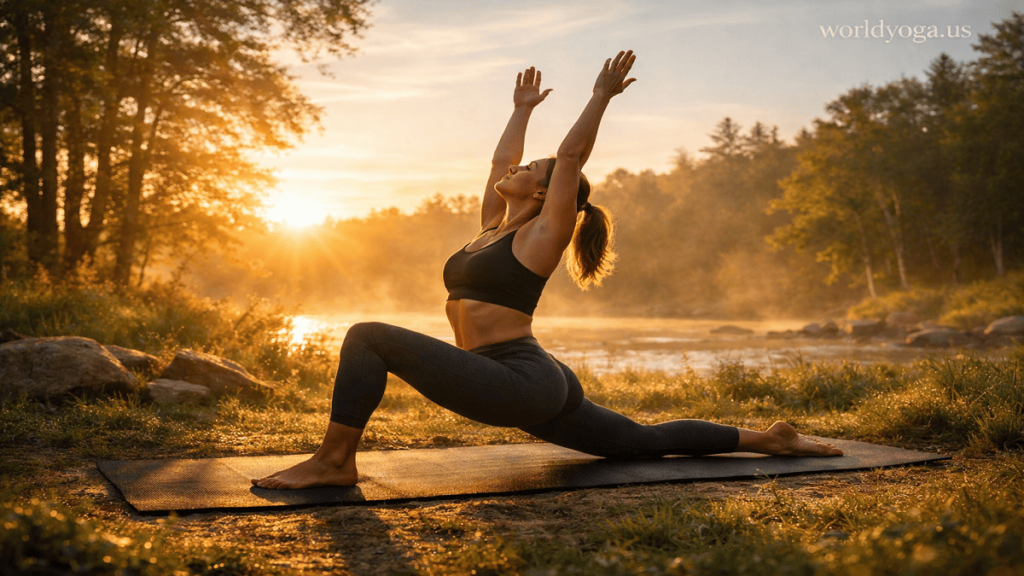 A person practicing Anjaneyasana yoga pose outdoors in nature during sunrise with arms lifted overhead.