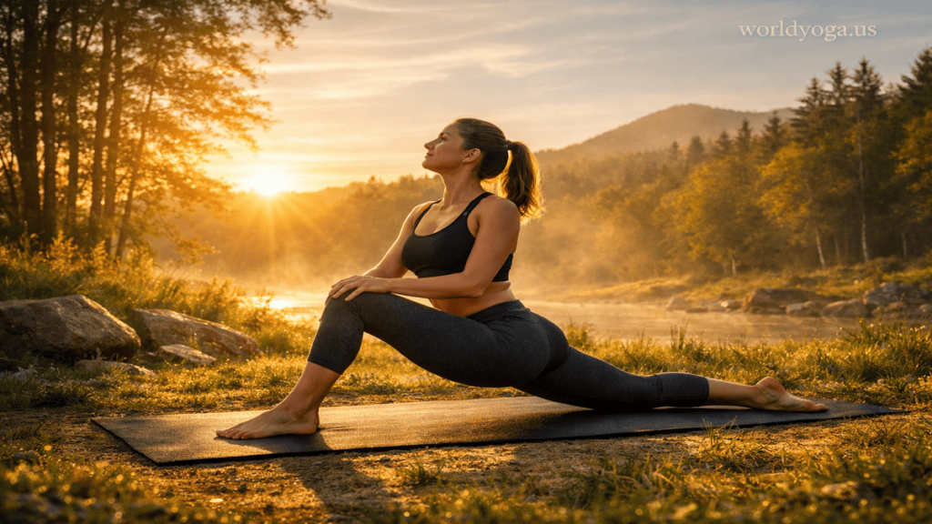 A person practicing Ashva Sanchalanasana yoga pose outdoors on a mat during sunrise in a natural landscape.