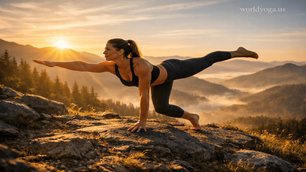A person performing Eka Hasta Utthita Stiti Valakhilyasana yoga pose outdoors at sunrise on a mountain or natural landscape.