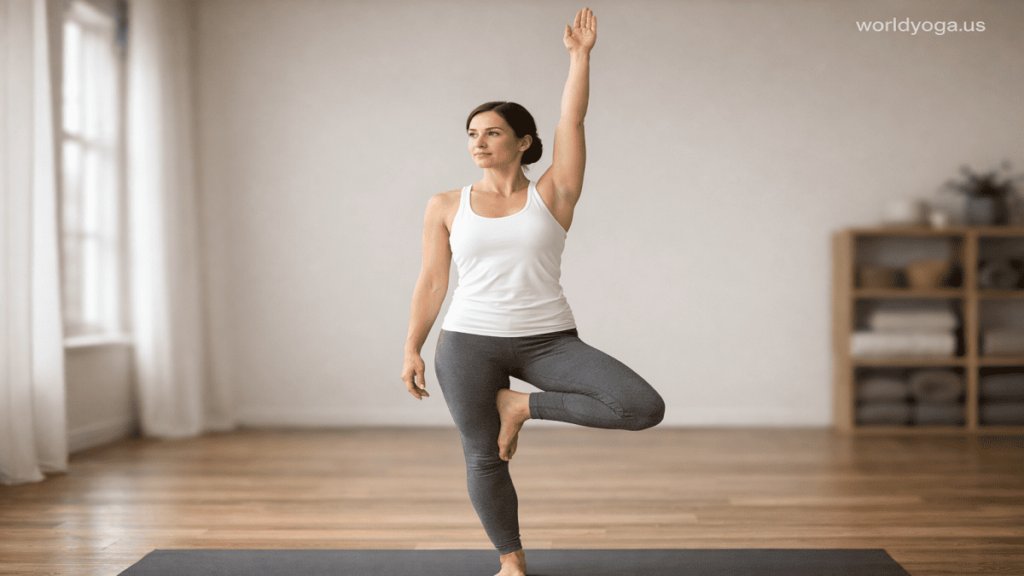 A person practicing a one-arm standing balance yoga pose inside a calm, minimal yoga studio with soft natural lighting.