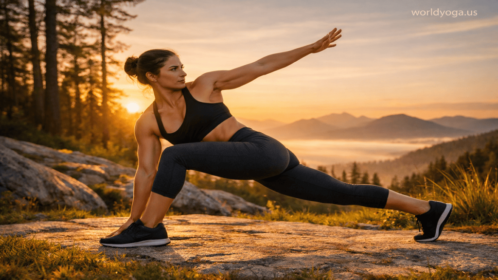 An athlete performing a dynamic high lunge twist outdoors at sunrise with strong balance, lifted back leg, and controlled torso rotation.