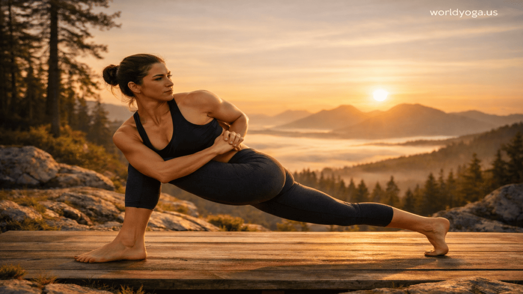 Yoga instructor practicing Baddha Parivritta Anjaneyasana outdoors during sunrise with mountain scenery.