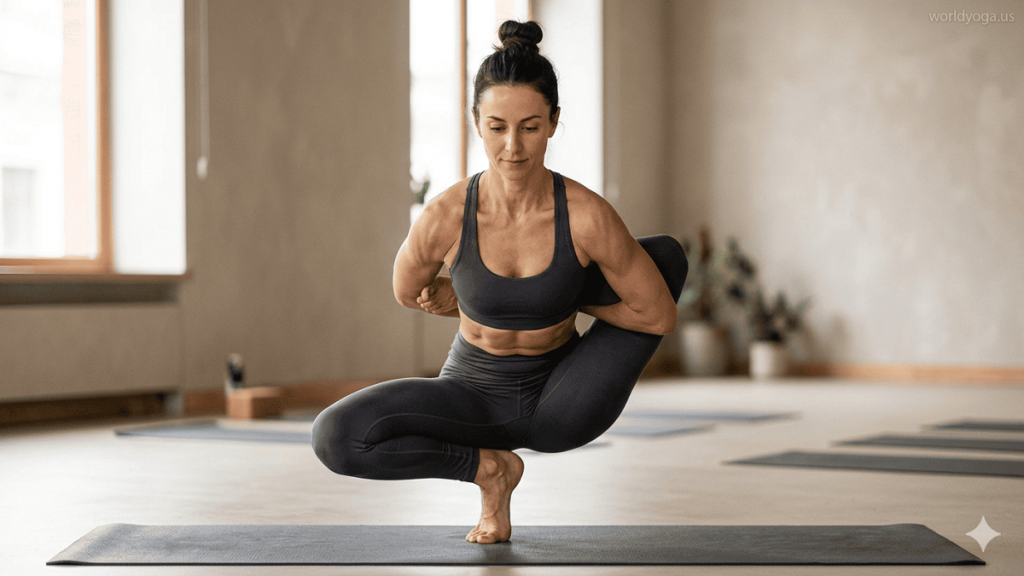 A woman performing Eka Pada Baddha Malasana in a yoga studio, balancing in a deep squat with one leg bound behind her back, demonstrating hip flexibility and stability. Watermark “worldyoga.us” appears in the top right corner.