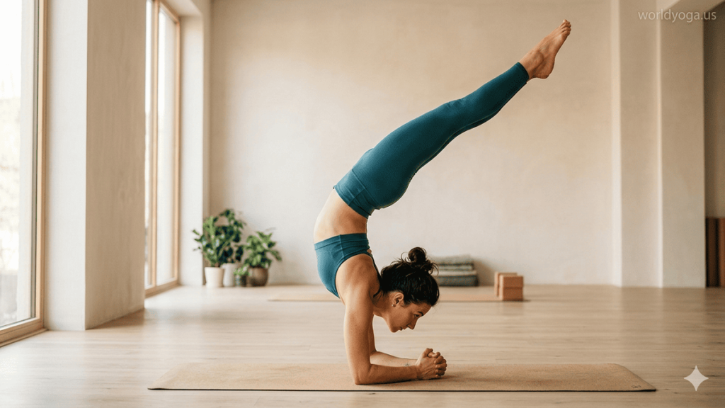 Staff Pose. An advanced yoga practitioner performing an inverted forearm-supported backbend with both legs extended vertically in a calm indoor studio.