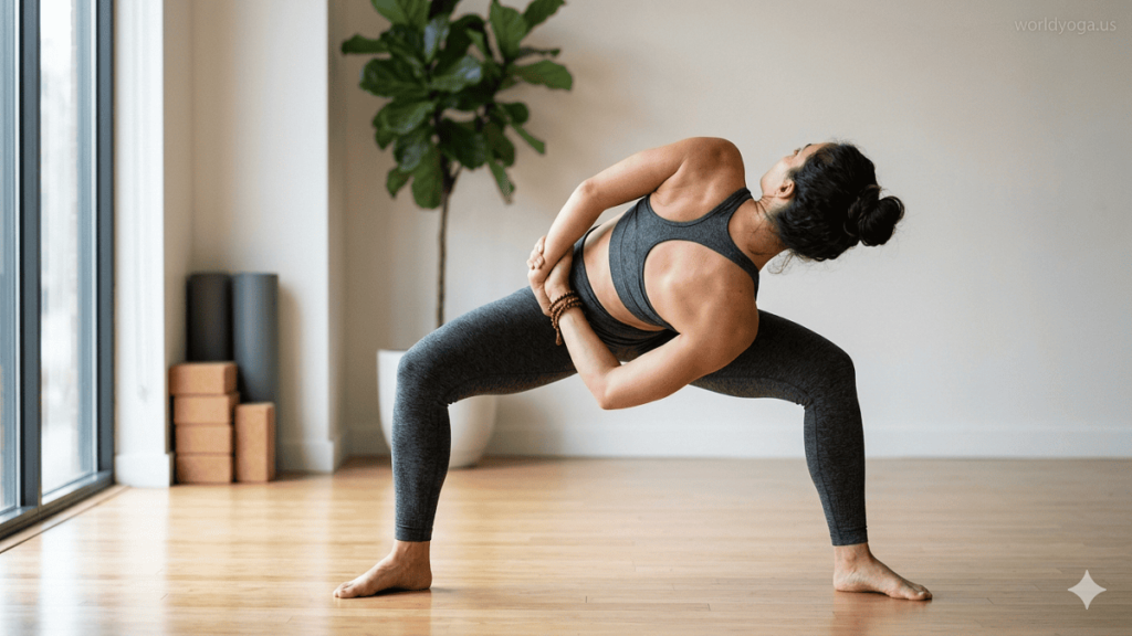 A yoga practitioner performing an advanced Horse Pose variation with forward bend, twist, and arm bind in a modern indoor yoga studio with soft natural lighting.