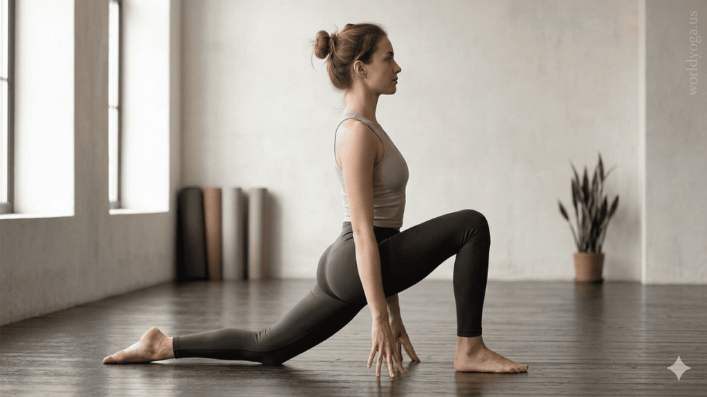 Yoga practitioner performing Ardha Ashva Sanchalanasana in studio with back knee under hip and upright spine.