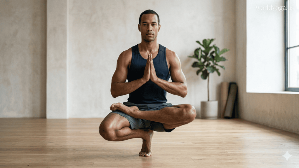 Athletic practitioner performing Vatayanasana (Horse Face Pose yoga posture), balancing on one leg in a deep squat with the opposite leg folded, hands in prayer position, demonstrating strength and stability in a yoga studio setting.