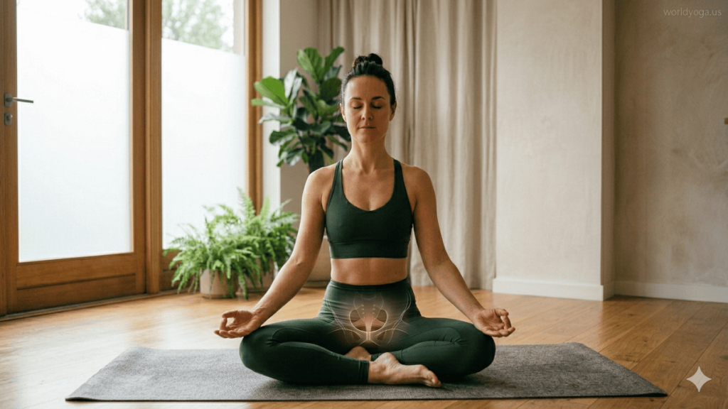 A yoga practitioner seated in meditation posture in a studio performing Root Lock (Mula Bandha) with subtle pelvic floor engagement and upright spine alignment.