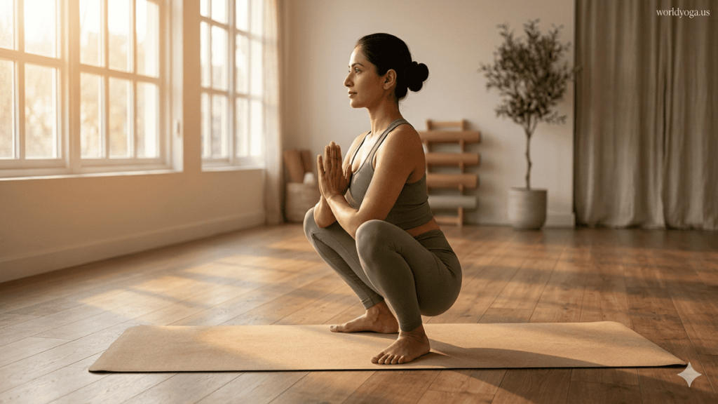 Person performing Malasana yoga pose in a deep squat with palms joined at chest, heels grounded, spine upright, and knees opened outward in a calm studio setting.