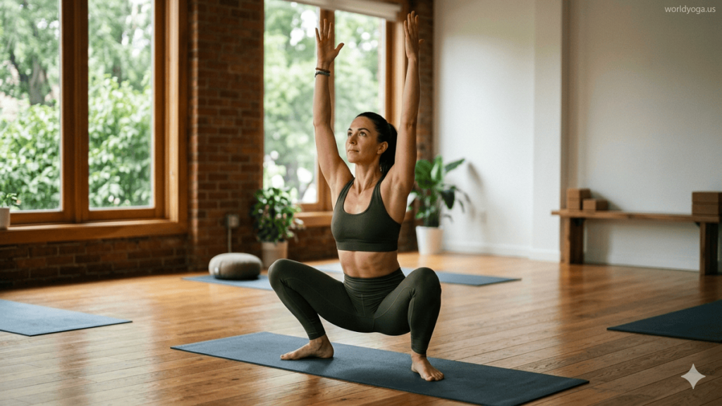 Woman performing Upward Hands Garland Pose in a peaceful yoga studio with arms extended overhead.