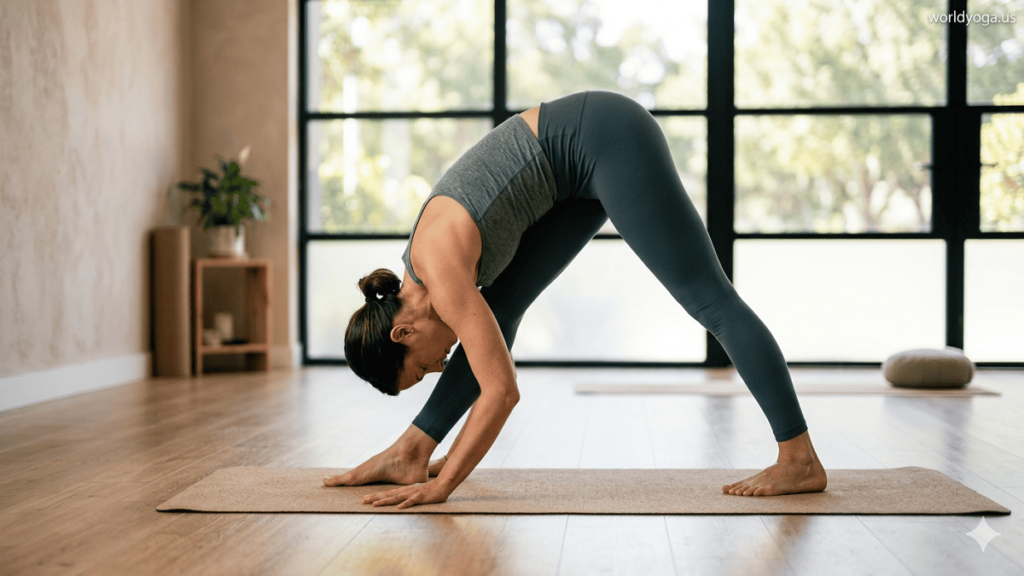 A person performing Parshvottanasana (Pyramid Pose) in a calm yoga studio with natural light, maintaining a deep forward fold over the front leg with aligned hips and straight legs.