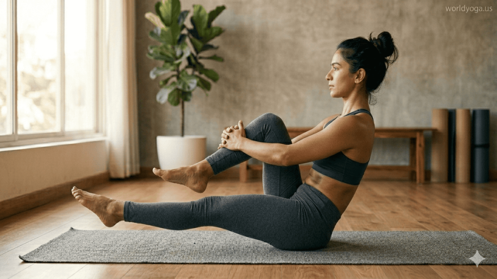 Hindolasana in Navasana. Advanced yoga practitioner holding Boat Pose with subtle dynamic rocking movement in a minimalist studio with natural light. Watermark “worldyoga.us” appears in the top right corner.