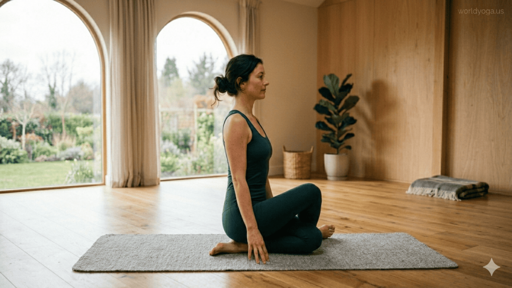A person practicing Janu Pada Gomukhasana in a kneeling position in a minimalist yoga studio with upright spine and gentle hip opening.