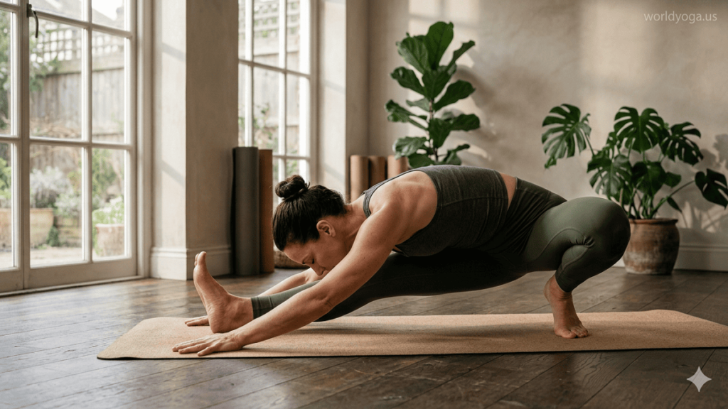 Advanced yoga practitioner performing Eka Pada Shirsha Uttana Pristhasana, a deep hip-opening lunge variation with extended front leg, elongated spine, and controlled balance in a studio setting.