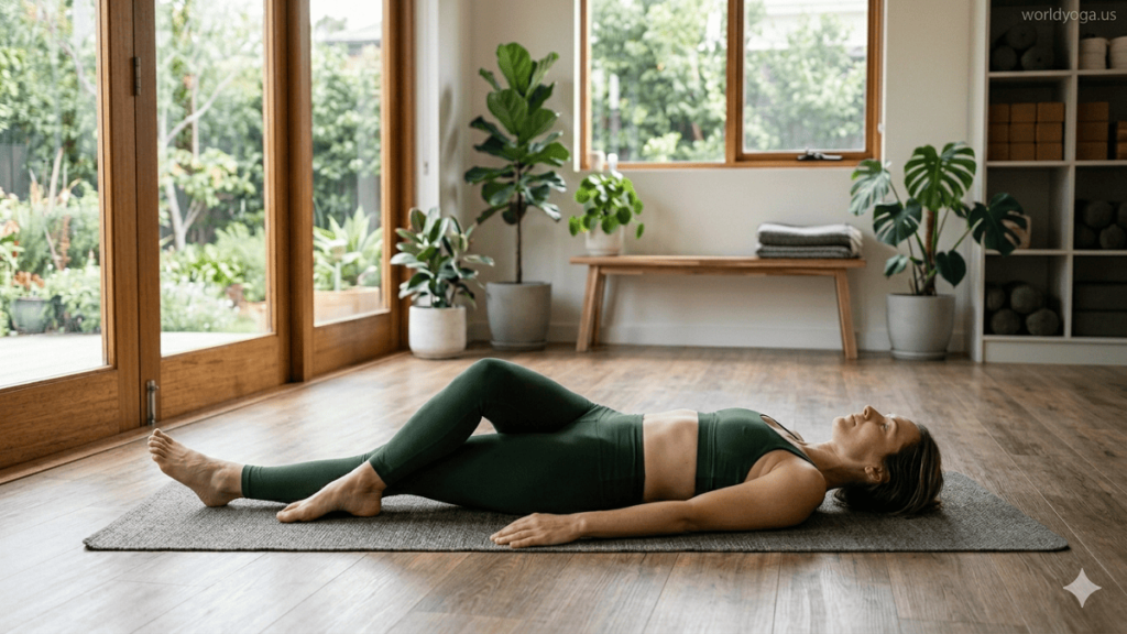 Yoga practitioner performing Supine Garuda Legs on the Back in a calm indoor studio with relaxed spinal alignment.