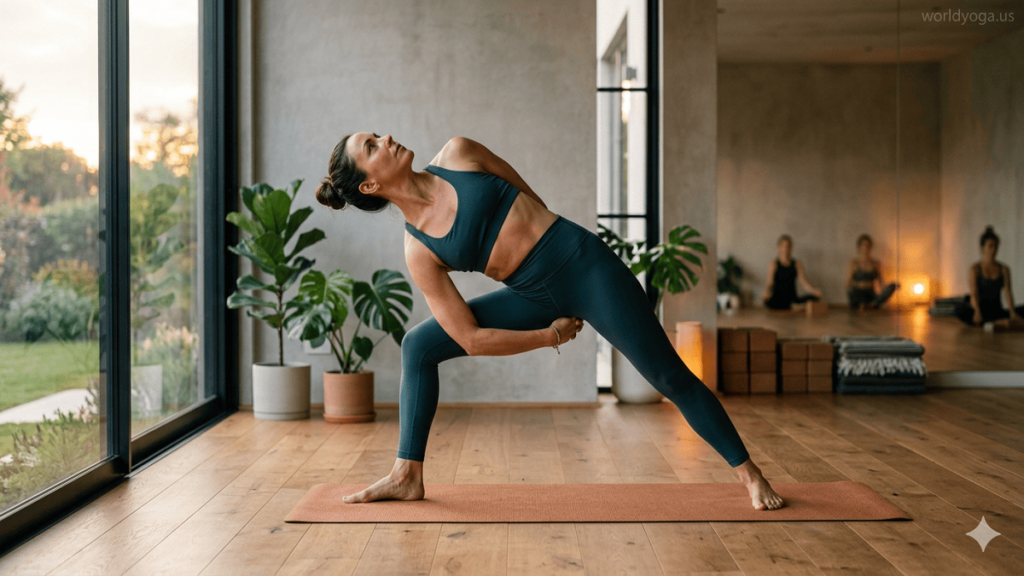 Advanced yoga practitioner performing Baddha Utthita Trikonasana in a minimalist yoga studio with natural lighting and grounded alignment.