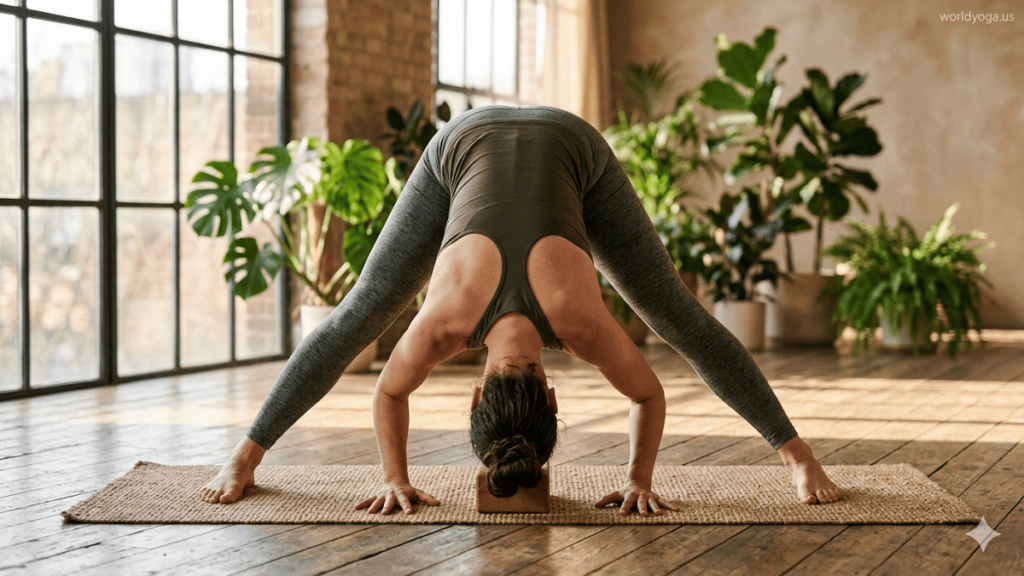 Legs Wide Full Forward Bend. A person performing a wide-legged forward bend yoga pose with hands on the floor and head lowered in a calm studio setting.