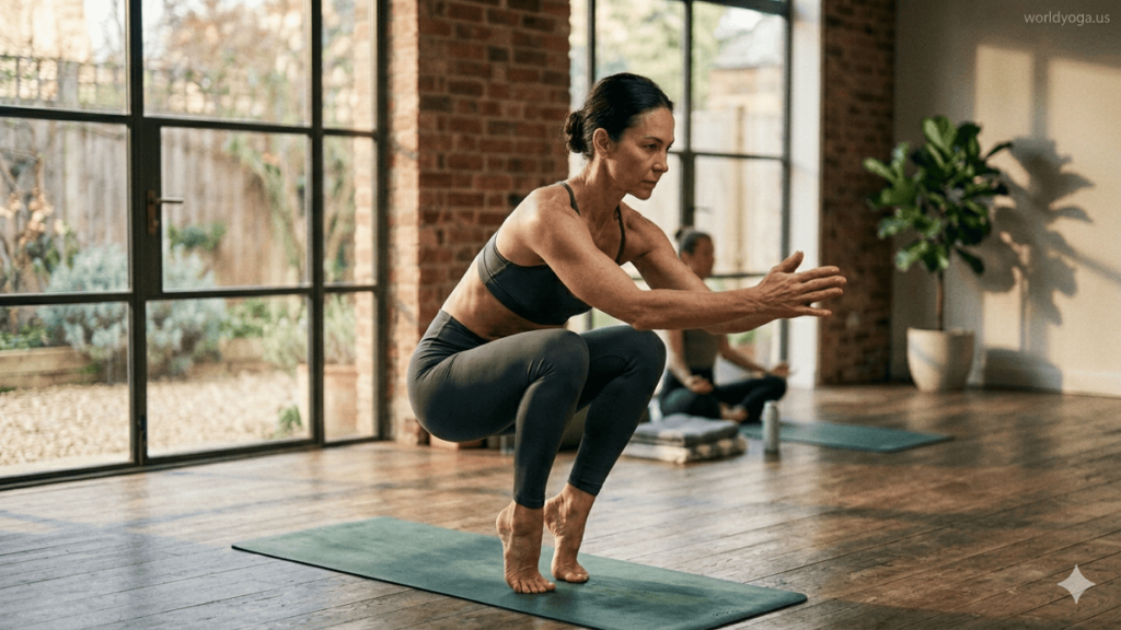 A person performing a deep squat variation with heels lifted, knees together, and arms held below the head in a modern yoga studio.