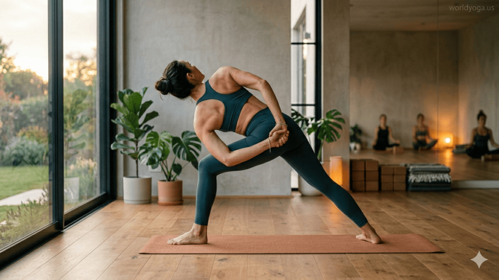 A yoga practitioner performing Revolved Bound Triangle Pose in a bright modern studio with natural lighting and minimalist design, showing strong alignment and deep twist with arm bind.