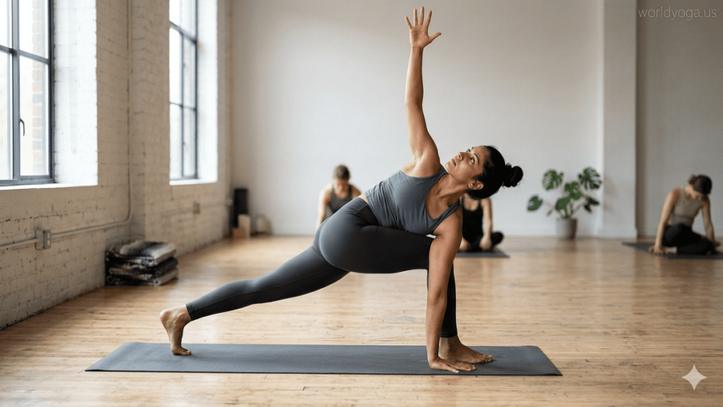 A person performing Revolved Side Angle Pose in a deep lunge with a spinal twist, demonstrating balance, strength, and alignment in a yoga practice.