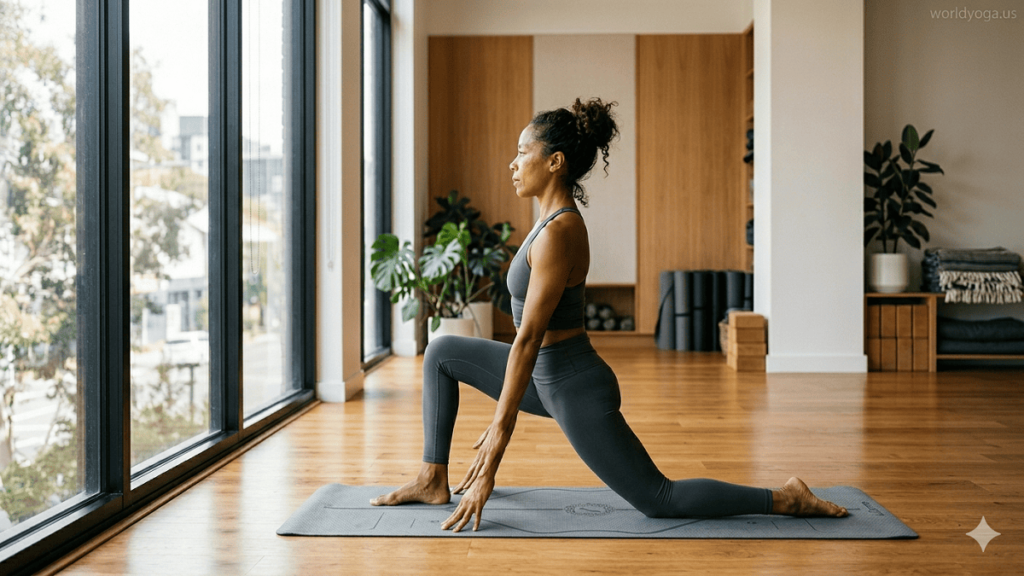 Yoga practitioner performing Ashva Sanchalanasana with back knee on the floor in a calm studio environment.