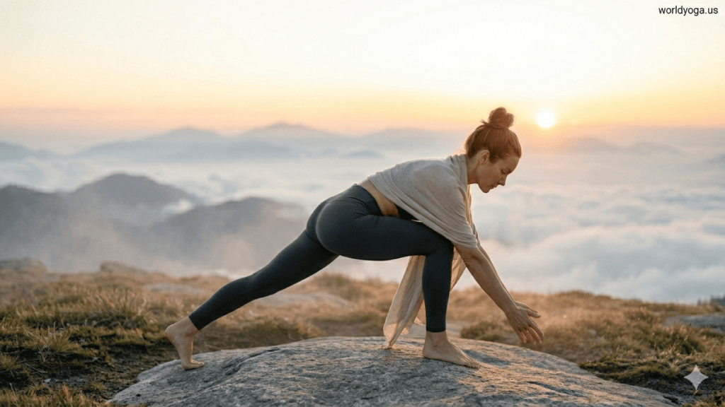 A person performing a high lunge forward fold yoga variation outdoors at sunrise with back leg straight and strong alignment.