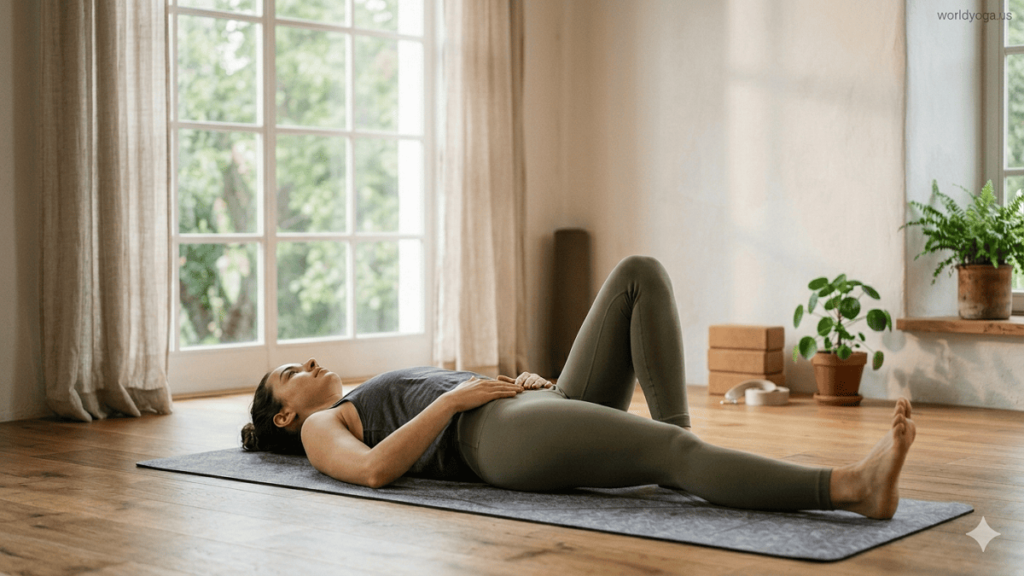 Person lying on a yoga mat performing a supine variation with one leg straight and one leg bent, focusing on pelvic stability and core engagement in a calm setting.