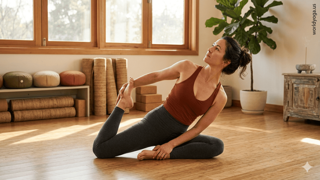 Advanced yoga practitioner performing Pose Dedicated to Sage Vamadeva I in a calm and serene environment with proper alignment, deep hip opening, and upright spinal posture.
