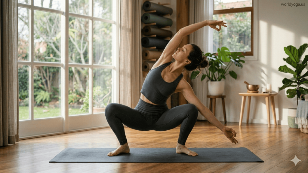 A yoga practitioner performing Naginyasana in a studio with deep squat alignment and flowing spinal movement under warm natural light.