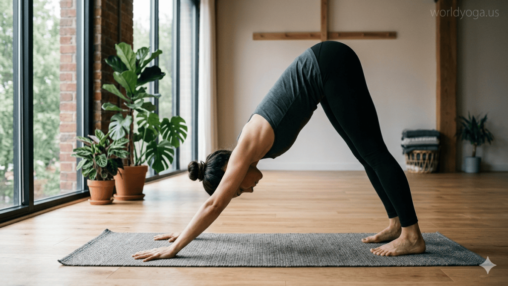 A person performing Downward Dog yoga pose with knees bent, hands firmly grounded, spine elongated, and hips lifted in a stable inverted V position for proper alignment.