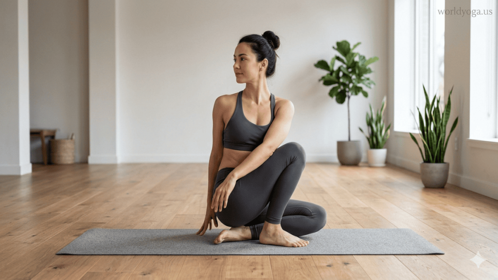 A person performing Easy Noose Pose in a yoga studio with a partial squat and gentle spinal twist, demonstrating proper beginner-friendly alignment.