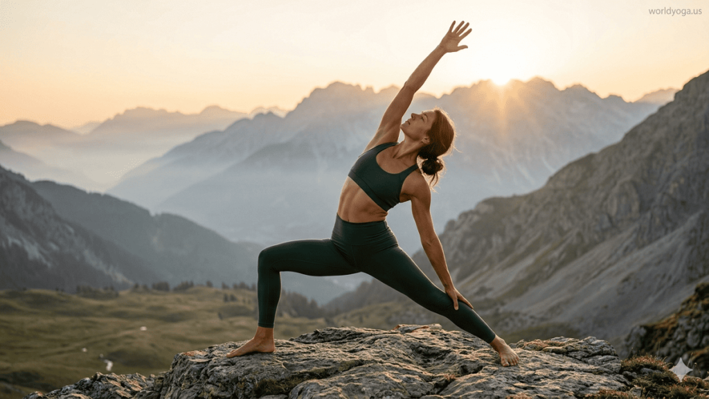 A person performing Reverse Warrior pose outdoors in Warrior II stance with backbend and raised arm during sunrise.
