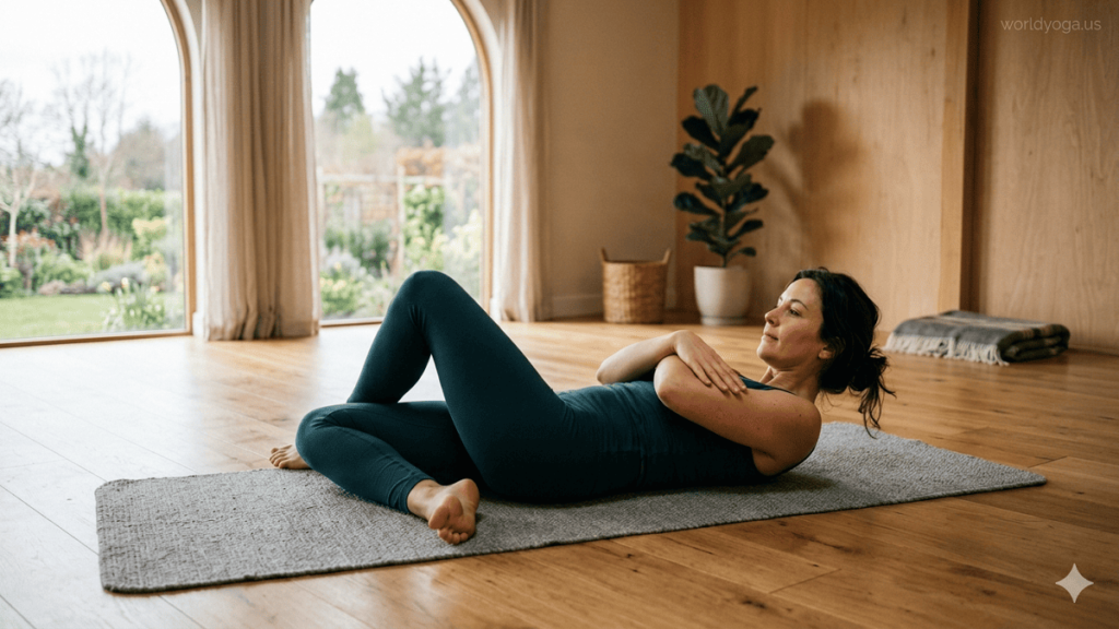 A person lying on a yoga mat in a minimalist studio performing a supine Garuda-inspired abdominal lift pose with crossed arms and legs under soft natural light.