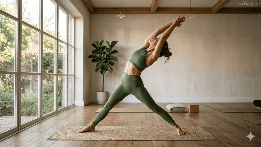 Prasarita Padottanasana. A yoga practitioner transitioning from a wide-legged forward bend into an upward standing stretch in a bright, minimal studio setting.