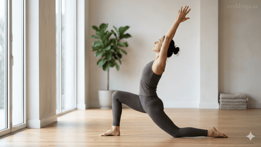 Yoga practitioner performing Anjaneyasana in a studio with back knee under hip and controlled backbend.