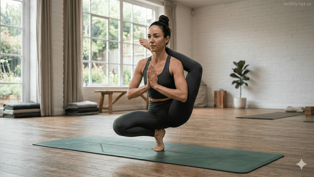 A yoga practitioner performing an advanced One Foot Behind the Head Tip Toe Pose in a softly lit studio with one leg behind the head and balanced posture.