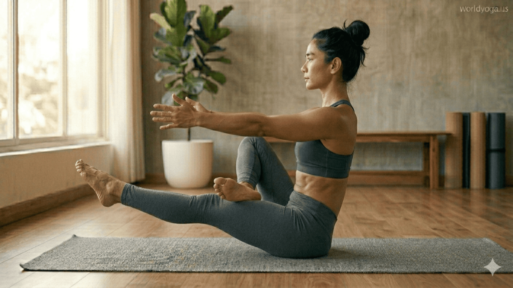 A yoga practitioner holding Eka Pada Niralamba Navasana in a minimalist studio, balancing with one leg extended and arms forward in a V-shaped core pose.