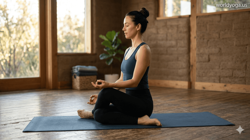 Yoga practitioner demonstrating kneeling Cow Face Pose leg position with stacked knees and upright posture in a calm studio setting.