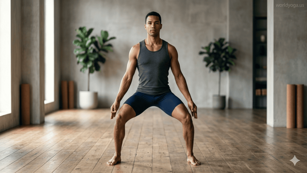 Athletic practitioner performing Yudhasana (Warrior Stance yoga posture) in a grounded standing position with stable legs, upright spine, and focused balance in a yoga studio environment.