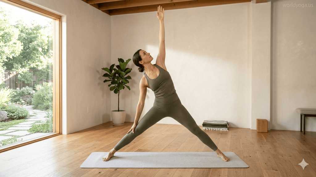 A person performing Konasana angle pose in an indoor yoga studio with one arm raised upward and the other reaching down along the leg.