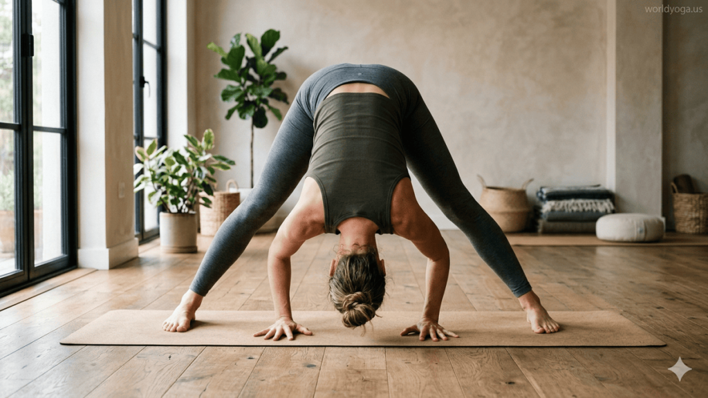A yoga practitioner performing Feet Spread Out Intense Stretch Pose with legs wide apart and hands touching the floor in a deep forward bend.