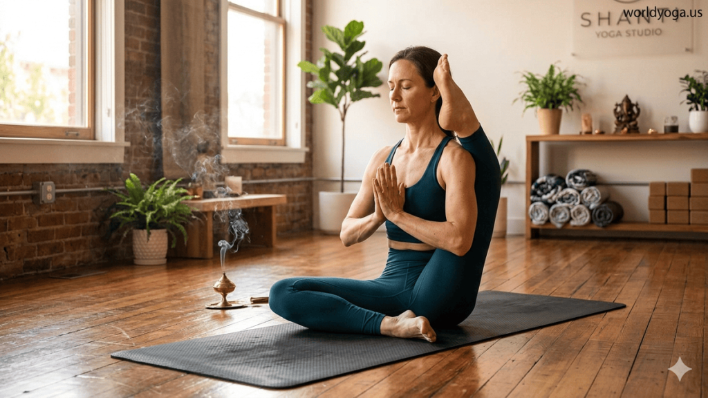 Yoga practitioner performing Vamadevasana with one leg behind the neck in a calm, naturally lit yoga studio with wooden flooring and indoor plants.
