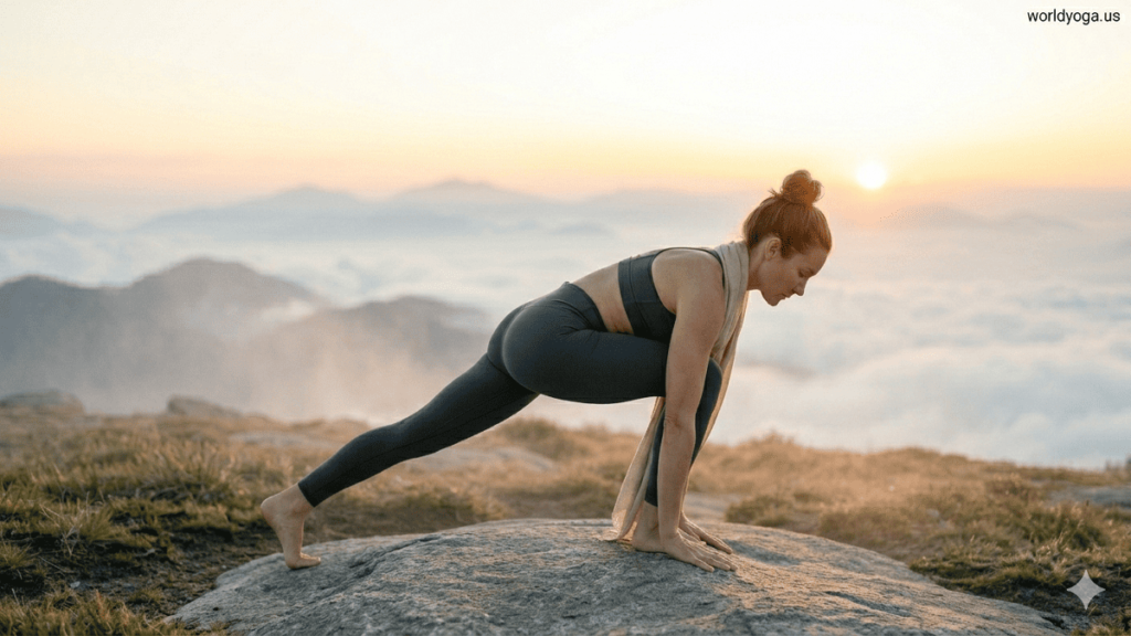A person performing an extended lizard tail lunge yoga pose outdoors at sunrise with deep hip opening and straight active back leg.