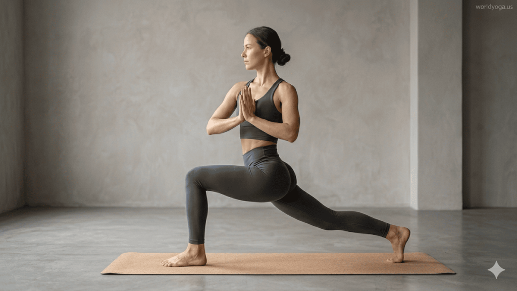 An athlete performing a high lunge twist in a studio with back leg straight, back knee lifted, and torso rotated with precise alignment.